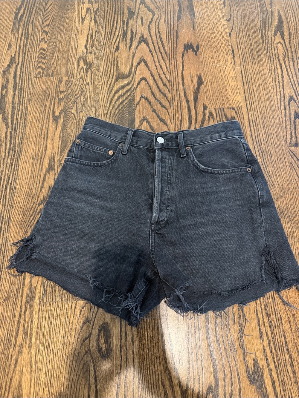 Agolde Dee Black High-Waist Frayed Denim Shorts